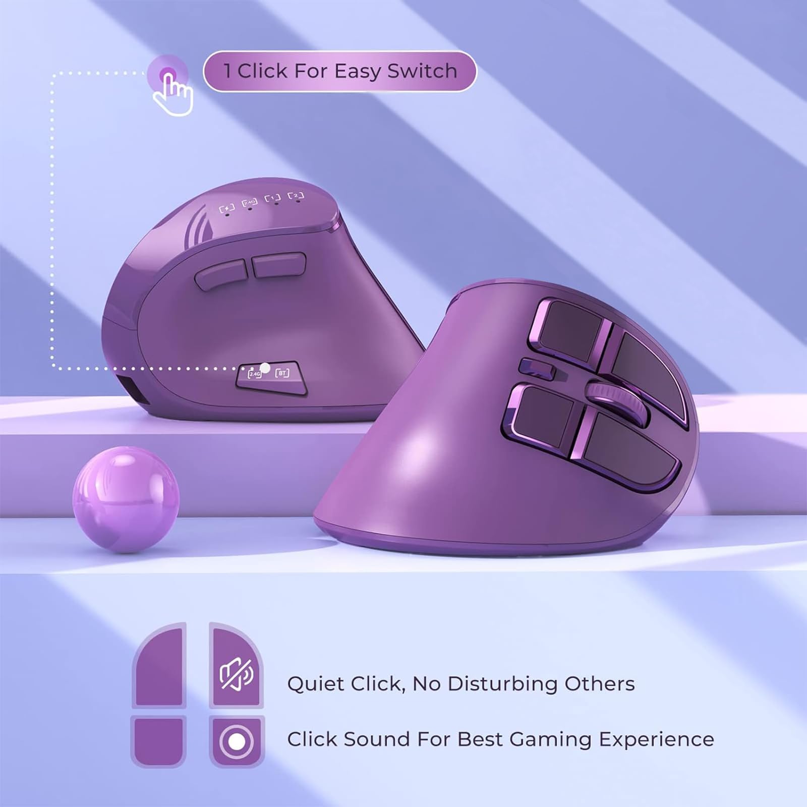 Ratón vertical, ergonómico inalámbrico (BT 5.0 + Bluetooth 3.0 + conexión USB) con 9 botones, ratón vertical recargable para ordenadores (morado)