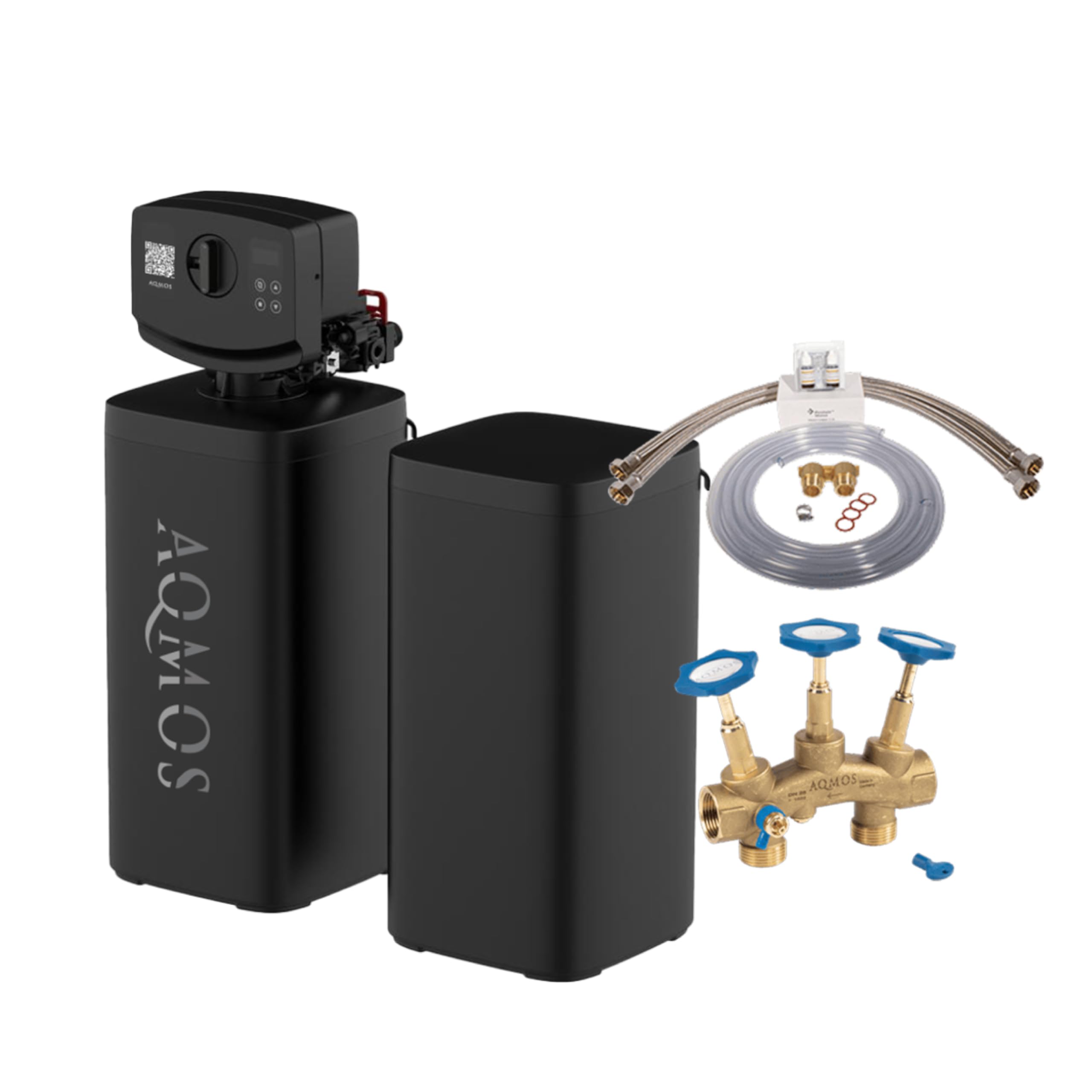 AQMOS FLEX-40 Wasserenthärtungsanlage mit Anschlussset 1" und Montageblock 1" Entkalkungsanlage für 2–4 Personen – 4.000 L Kapazität – Mit externem Salzbehälter – Wasserenthärter Hausinstallation