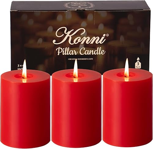 KONNI Juego de 3 velas de pilar rojo sin perfume de 3 x 4 pulgadas, velas de 39 horas de combustión, velas redondas grandes sin humo y sin goteo