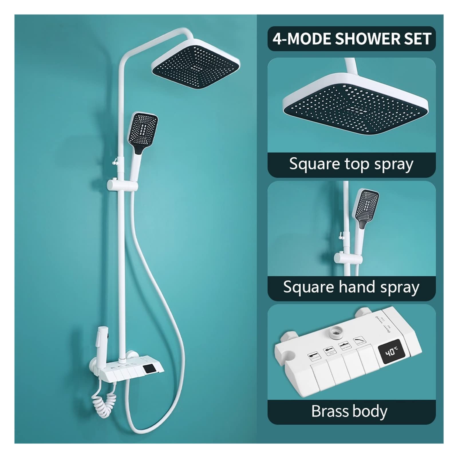 Set Doccia Digitale for Pianoforte Grigio Rubinetti da Bagno in Ottone Intelligenti Rubinetto a Cascata Calda e Fredda Doccia Grigio a Pioggia(White Square)