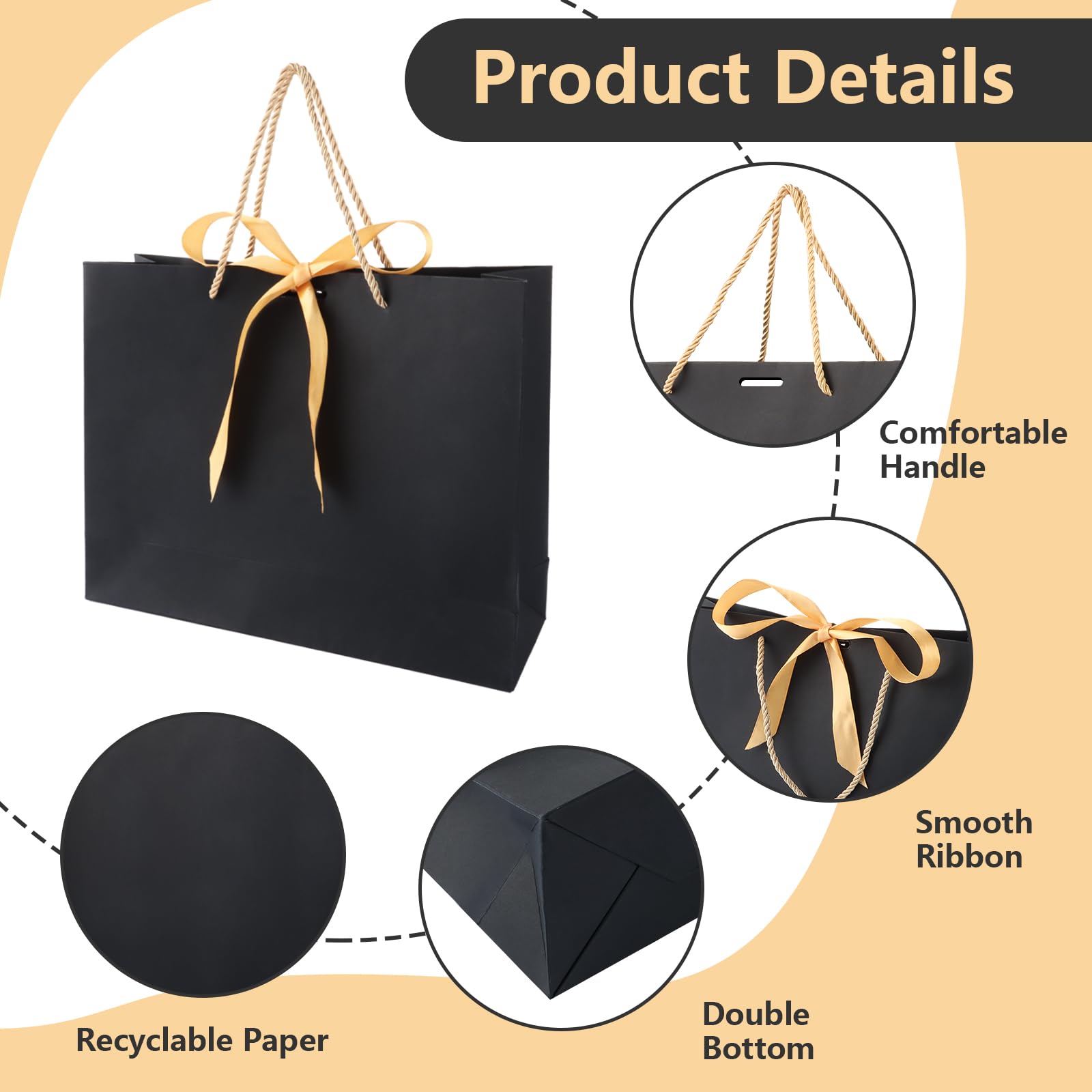 Produktbild von 8x Geschenktüten Aus Papier Mit Schleife – 32x25x10 Cm, Schwarz Mit Goldenen Henkeln, Wasserabweisend