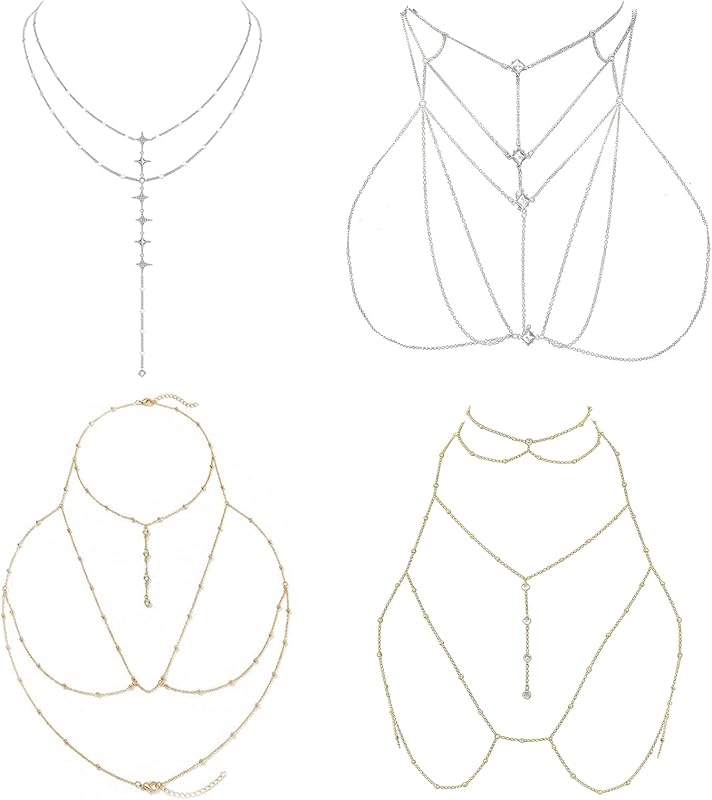 UJBVCX 4PCS Chaine de Corps Femme en Strass Sexy, Soutien-Gorge Chaîne, Collier de Corps en Cristal ChaîneS Poitrine, Chaîne de Corps Bikini Glands ChaîneS été Plage Strass Corps Bijoux