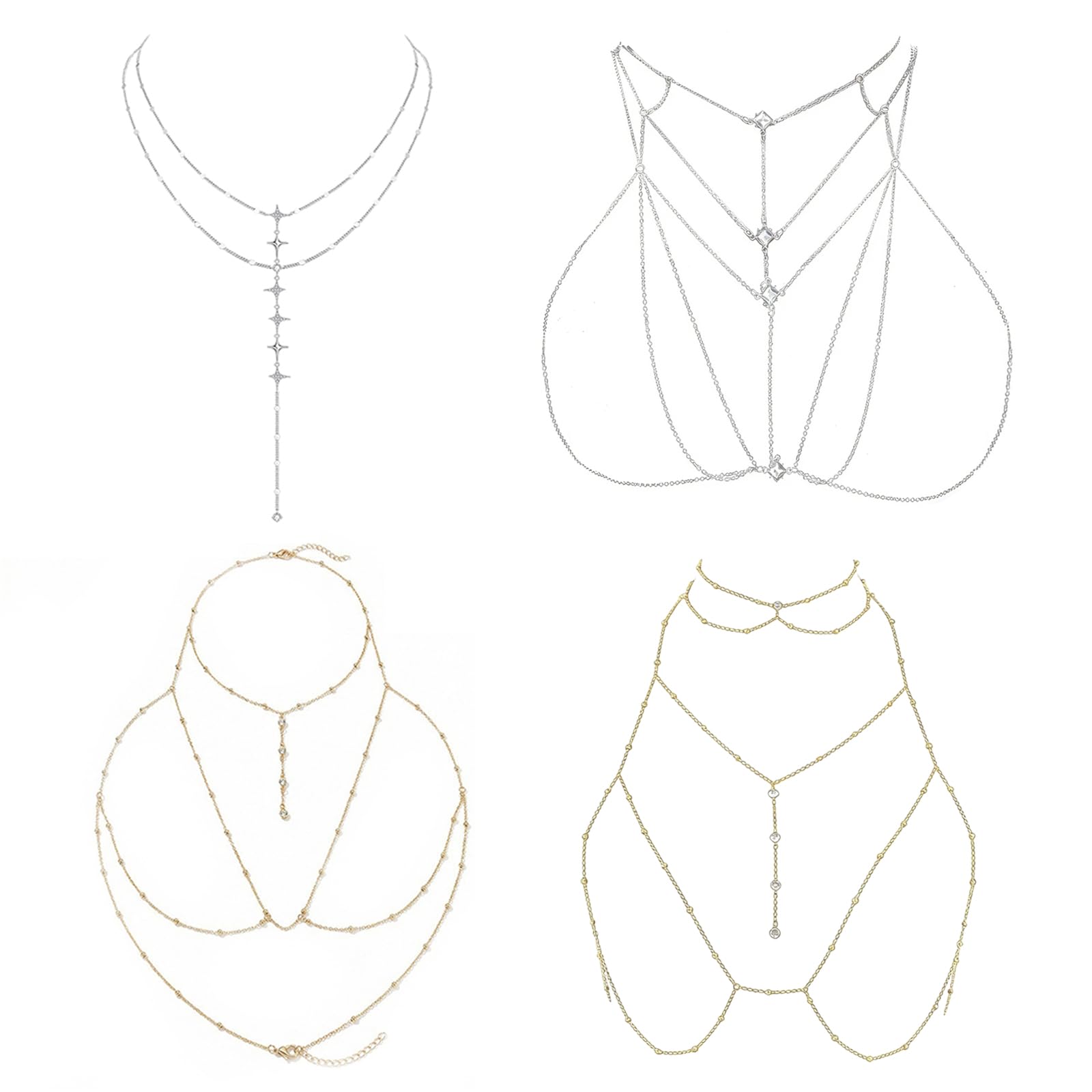UJBVCX 4PCS Chaine de Corps Femme en Strass Sexy, Soutien-Gorge Chaîne, Collier de Corps en Cristal ChaîneS Poitrine, Chaîne de Corps Bikini Glands ChaîneS été Plage Strass Corps Bijoux - 1