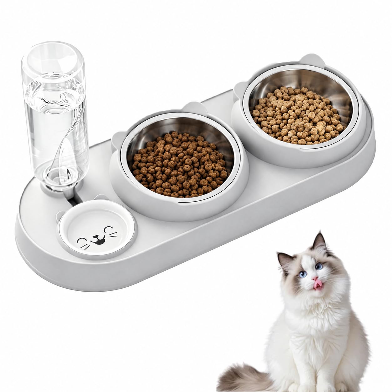 3 in 1 Cat Bowl Set with 2 Stainless Steel Cat Food Bowl, 15° Tilted Raised Cat Bowl for Indoor Cats with 500ml Automatic Water Dispenser, Non-Slip Cat Bowls for Small to Medium Sized Cats