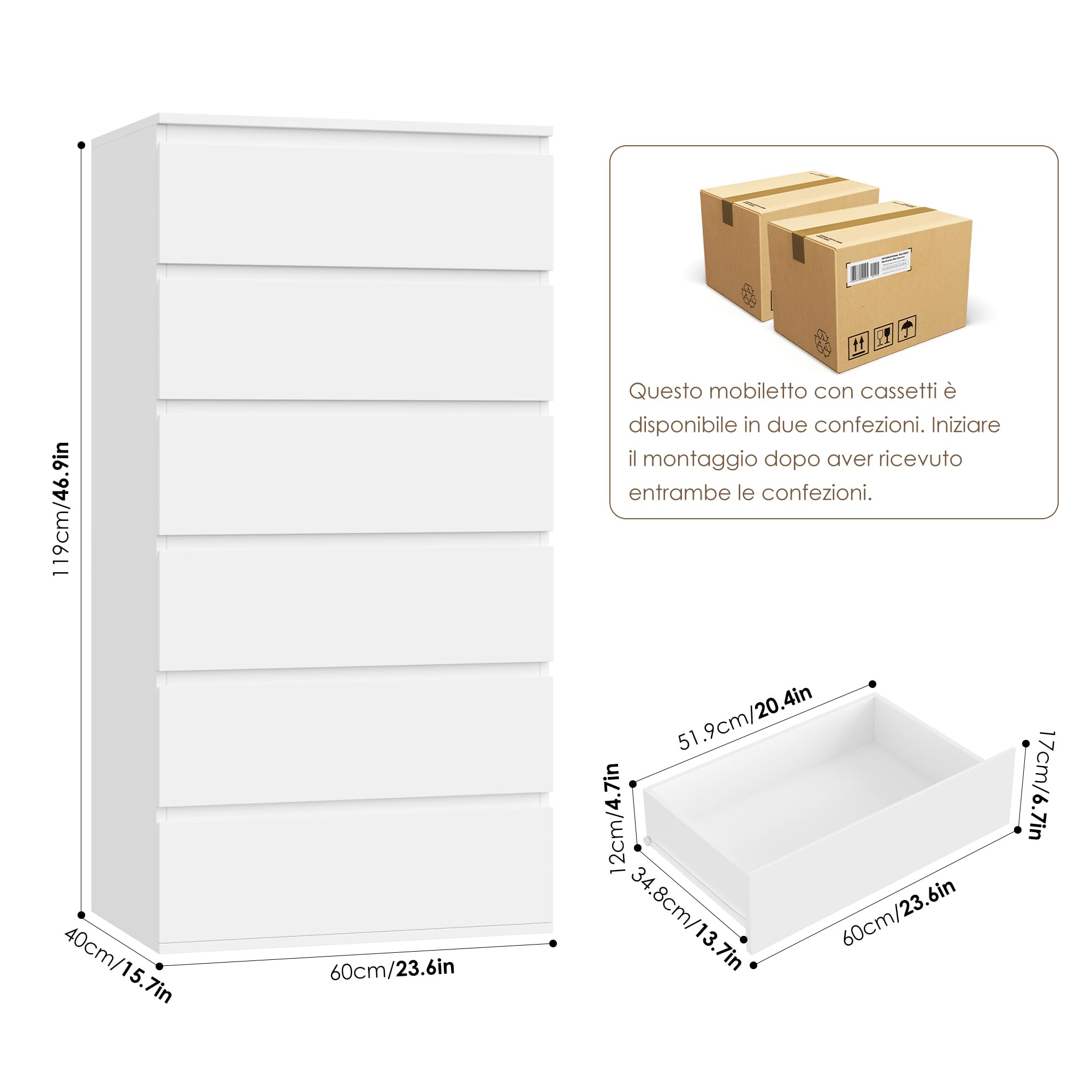 FOREHILL Cassettiera Camera da Letto a 6 Cassetti,Comò Comodino Camera da Letto,Cassettiera Comodino in Legno,Moderna Mobiletto Multiuso per camera da letto, corridoio, soggiorno 60x40x119cm(Bianco)