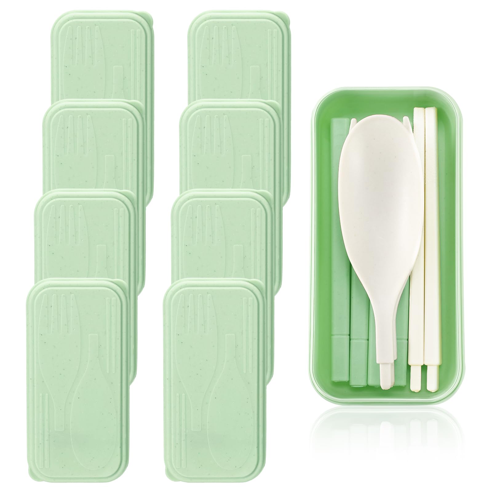 Tticai 8 Sets Travel Utensil Set with Case Wheat Straw Portable Plastic Collapsible Spoon Chopsticks Forks Camping Cutlery Lunch Box Utensils Cutlery Bulk for Kids Adults (Green)
