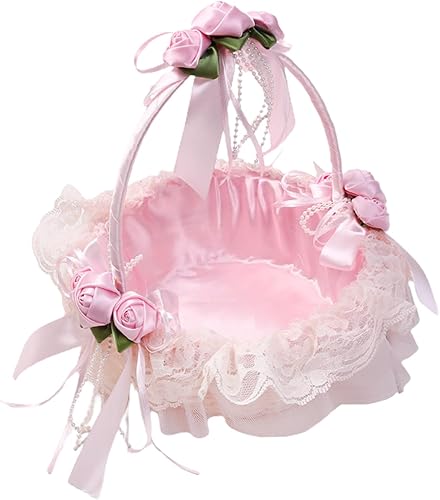 Cesta de encaje rosa para niña de flores, cesta de pétalos de boda, cesta de niña de flores con asa, cesta de regalo de boda, cesta de flores de