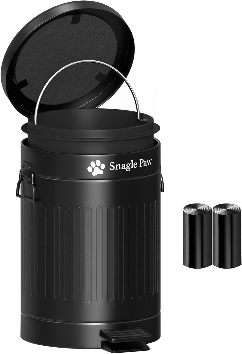 Snagle Paw Dog Metal Poop Trash Can for Outside, 12L Pet Waste Station with Foot Pedal Lid, Odor Control Activated Carbon Filter, Soft Close Mechanism, Comes with 40 Waste Bags for Large/Small Dogs