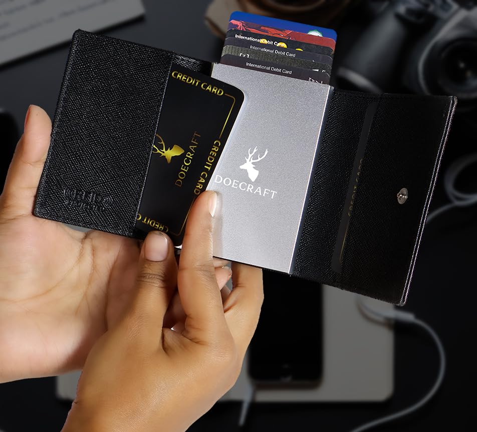 Image of Men's Genuine Leather RFID Wallet | Premium Slim Red Wallet for Men with Deer 3D Print | 8 Card Slots Secure and Durable | Casual Stylish | Formal & Gifting Use, Silver (Safiano /Black)