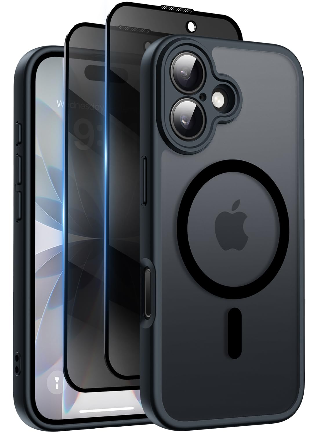Qasyfanc Funda Magnética para iPhone 17 Compatible MagSafe con 2 Privacidad Cristal Templado Antiespia, Protección de Cámara Carcasa Translúcida Mate Trasera, Fina Antigolpes Negro
