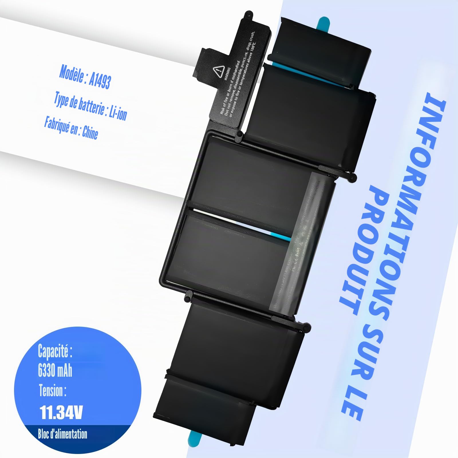 11.34V 71.8Wh A1493 Batteries d'ordinateur Portable pour MacBook Pro Retina A1502 Late 2013 Mid 2014 ME864LL/A ME866LL/A Core i5 i7