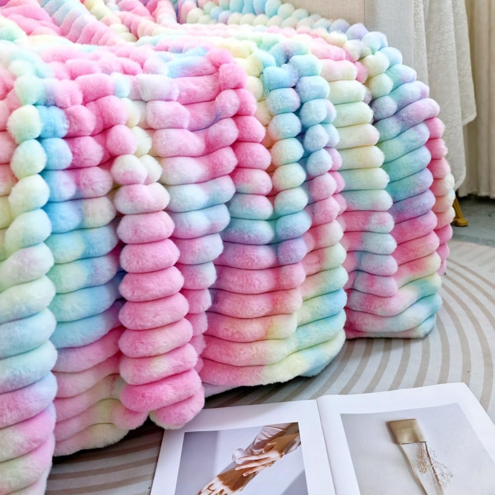 Plush Throw Blanket, Rainbow Tie-Dye Pattern, Super Soft Faux Fur, Pastel Pink Blue Purple, Decorative Cozy Blanket for Couch Bed,Gift for Women (Rainbow, Throw (49" x 63")) - Image 2