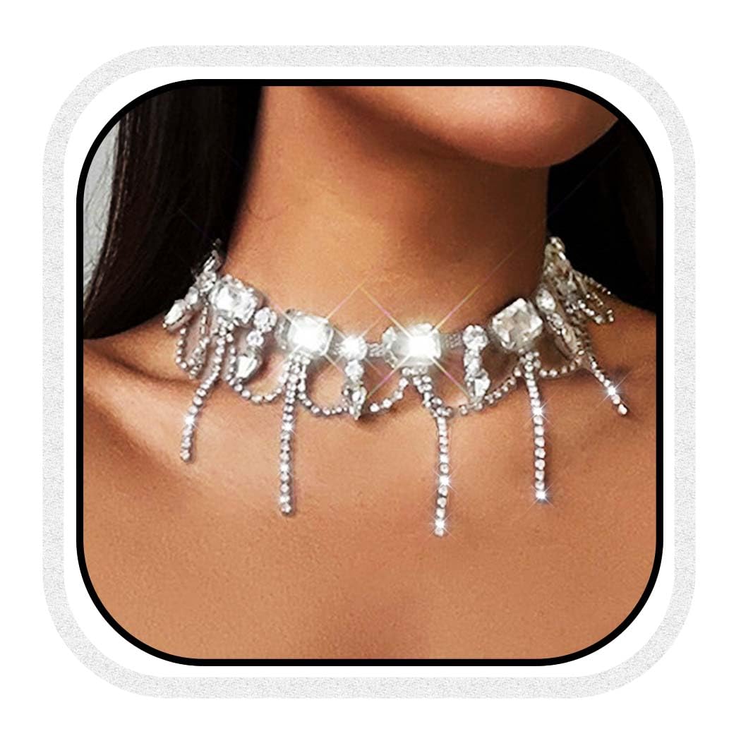 Brishow Silver Rhinestone Choker Necklaces Sparkly Crystal Necklace Prom Tassel Choker Jewelry for Women