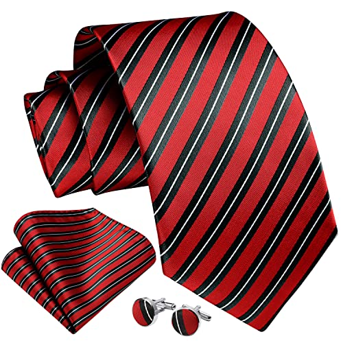 Image of Enlision Mens Ties Stripe Tie and Pocket Square Set Classic Formal Woven Neckties Handkerchief Cufflinks Wedding