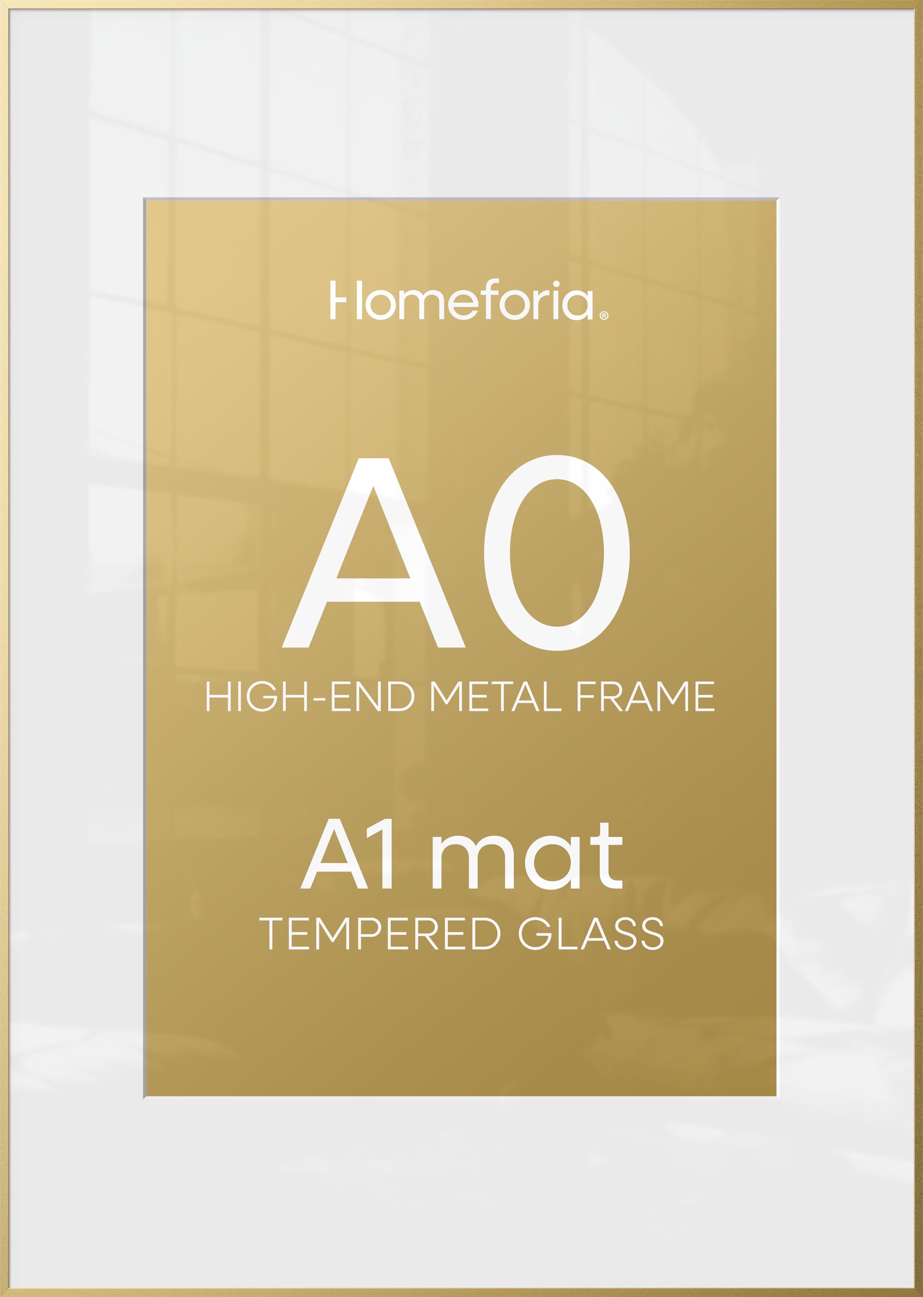 Homeforia A0 Gold Poster Frame, High-End Metal, A1 Mat, Glass | High End Aluminum, Tempered Glass, Acid-Free A1 Removable Mat, A0 Edge-to-Edge Display, Wall Kit, Set Of 1