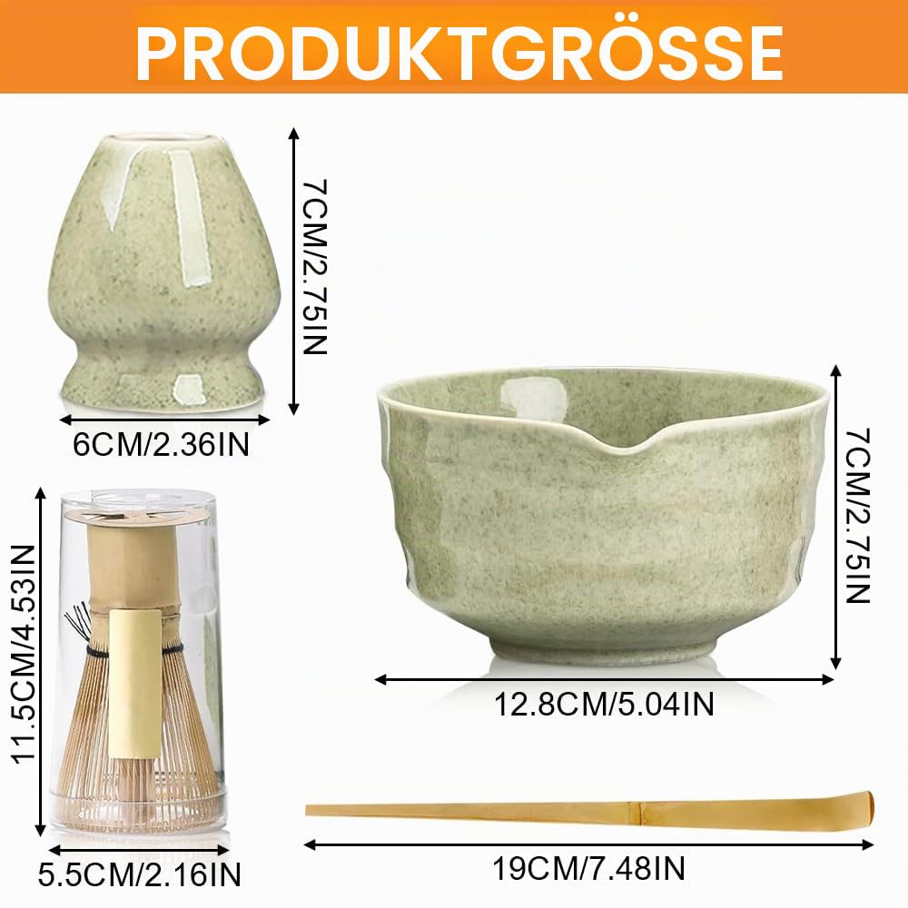 Matcha Set Grün,Macha Tea Set mit MatchaSchale Löffel Sieb Whisk Besen und Matcha Besen Halter,Ceremonial Matcha Tee Set Matcha Zubehör,Macha Set mit Schneebesen Klein (Matcha Grün)