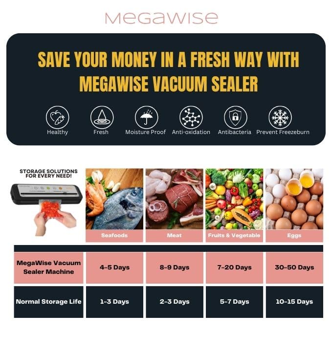Image of MegaWise Vacuum Sealer Machine, 80kPa Powerful Suction, One-Touch Automatic Food Sealer with Built-in Cutter & Bags Included, Dry Moist Modes for All Saving needs