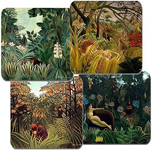 Funkyzilla Orange Henri Rousseau Coaster Set Of 4. Cork Backed. Equatorial Jungle, Dream, Grove, Tiger In A Tropical Storm