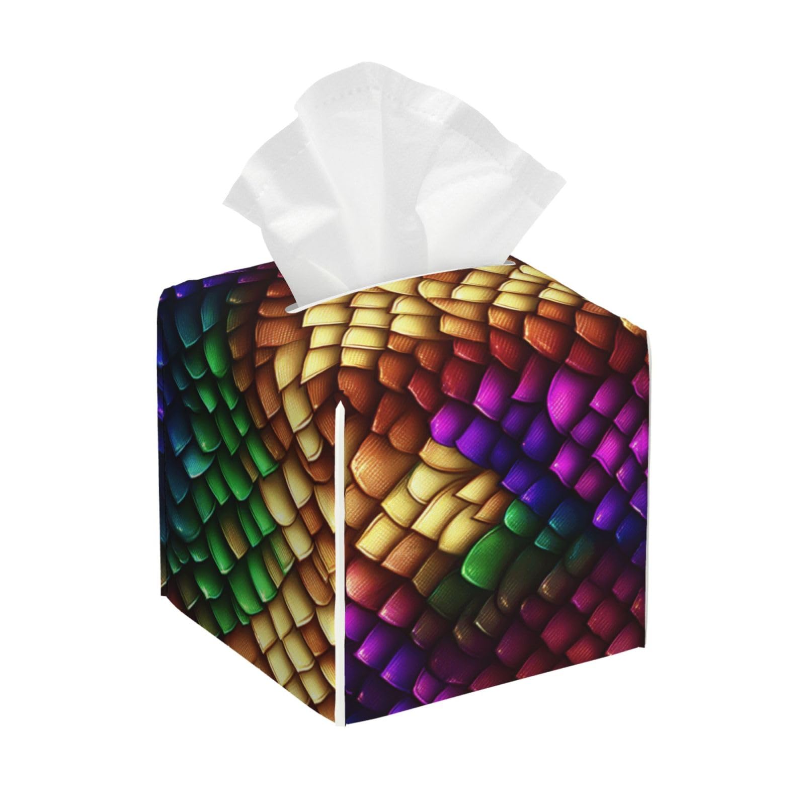 Dragon Scale Pattern in Rainbow Colours Tissue Box Cover Square Pu Leather Waterproof Tissue Box Holder for Car Bathroom Bedroom Office Tabletop Decor