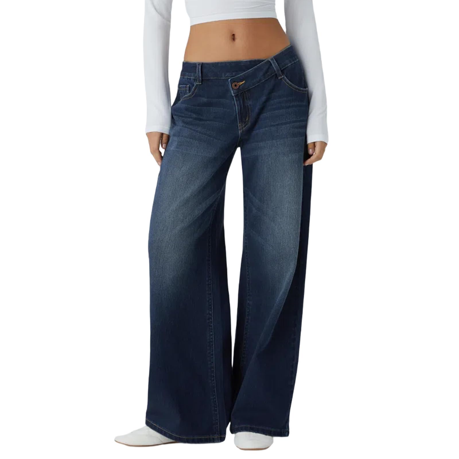 Jeans for Women Baggy High Waisted Stretchy Asymmetric Cross-Waist Button Jeans Loose fit Wide Leg Y2K Pants