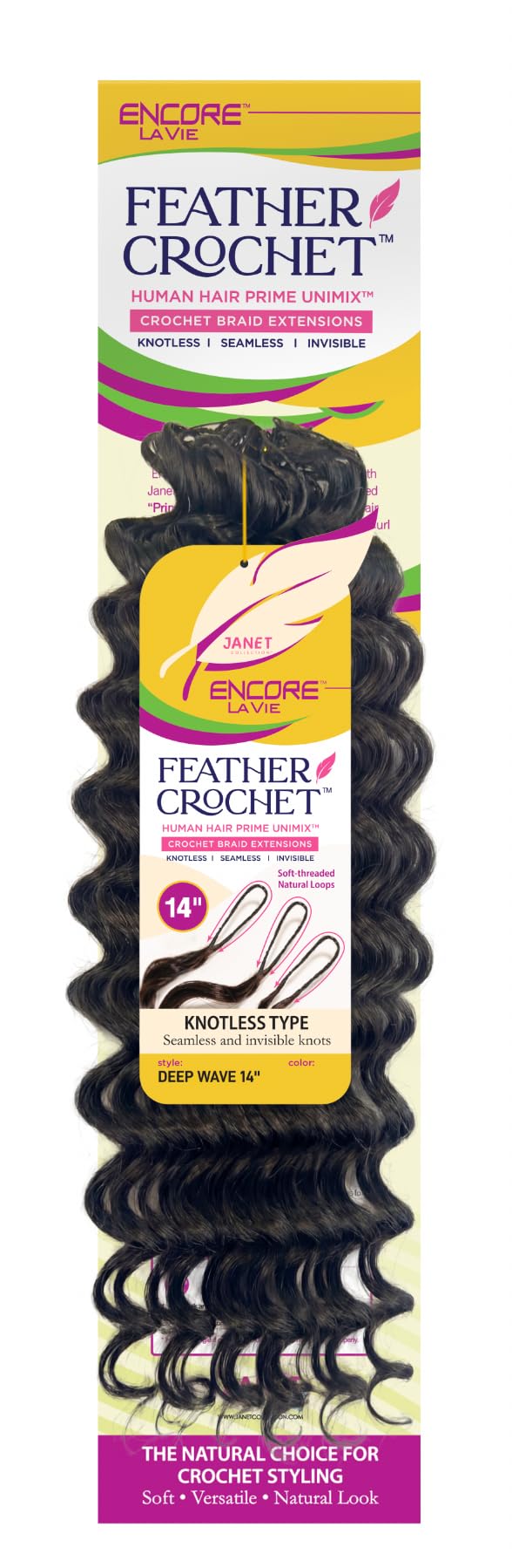 Janet Collection Encore Lavie Pre-Separated Feather Crochet Deep Wave 14" – Knotless Crochet Braid Extensions (color #1) Jet Black