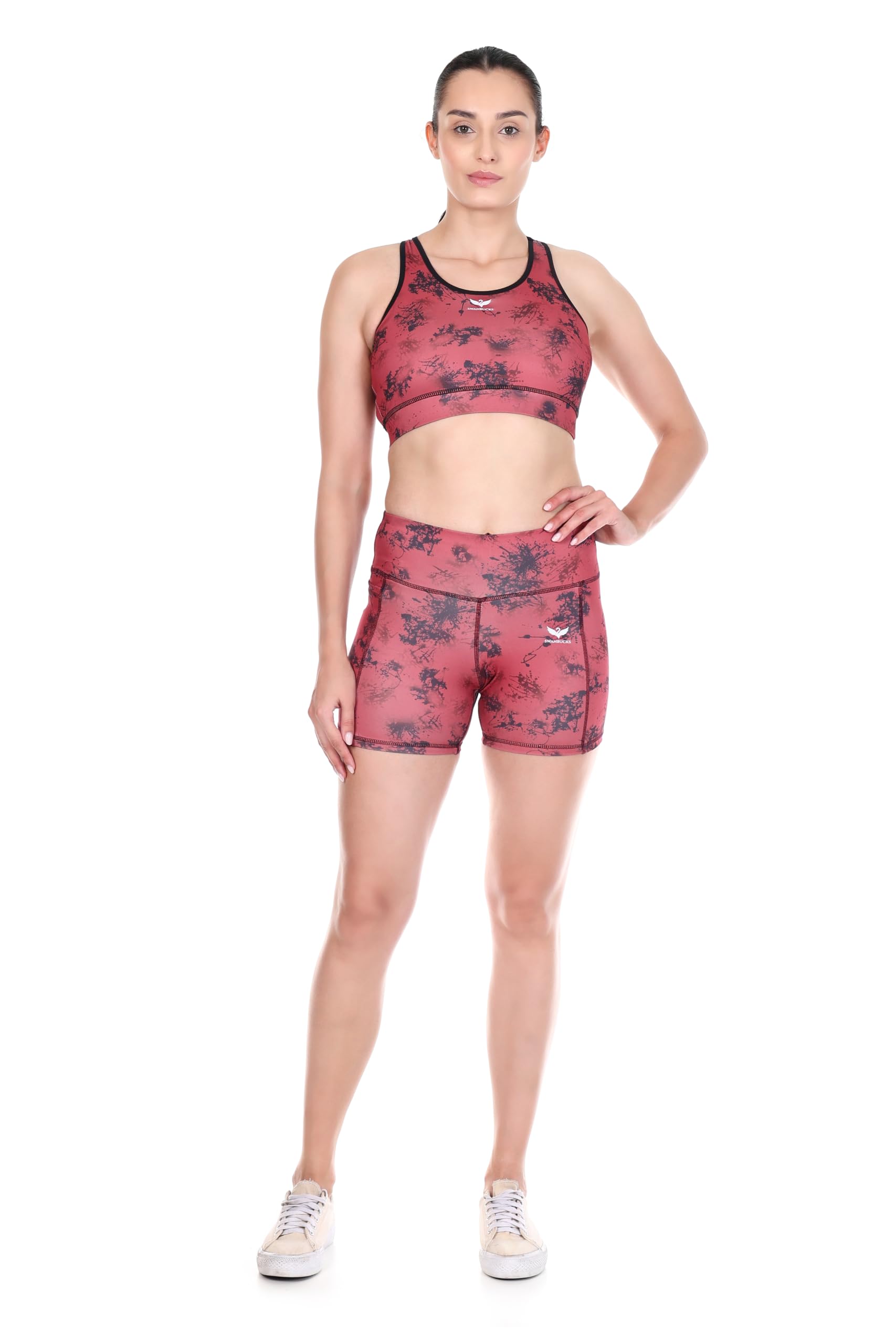 Women's Tie-Dye Athletic Set Sports Bra and Shorts Wine Black | 4-Way Stretch, Moisture-Wicking, Polyester-Spandex Blend, Racerback Design, High-Intensity Workout-image-19