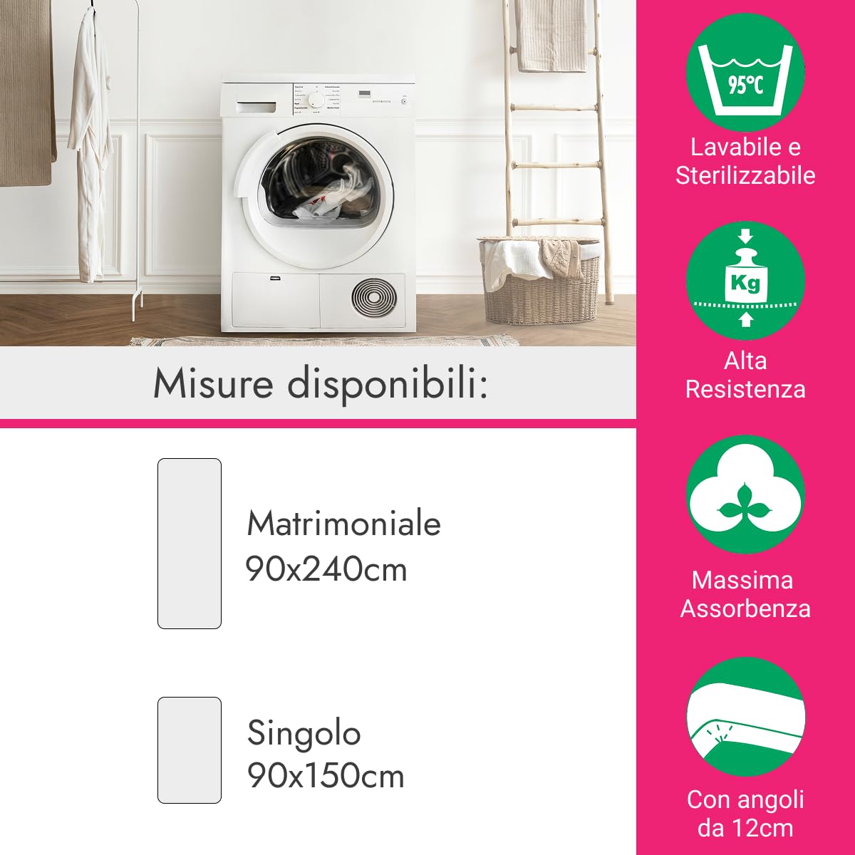 Ipersan Traversa Sanitaria Singolo, 90x150 cm, Cotone e Poliuretano, Impermeabile e Traspirante, Antibatterica, Lavabile a 90°C, Prodotto Europeo