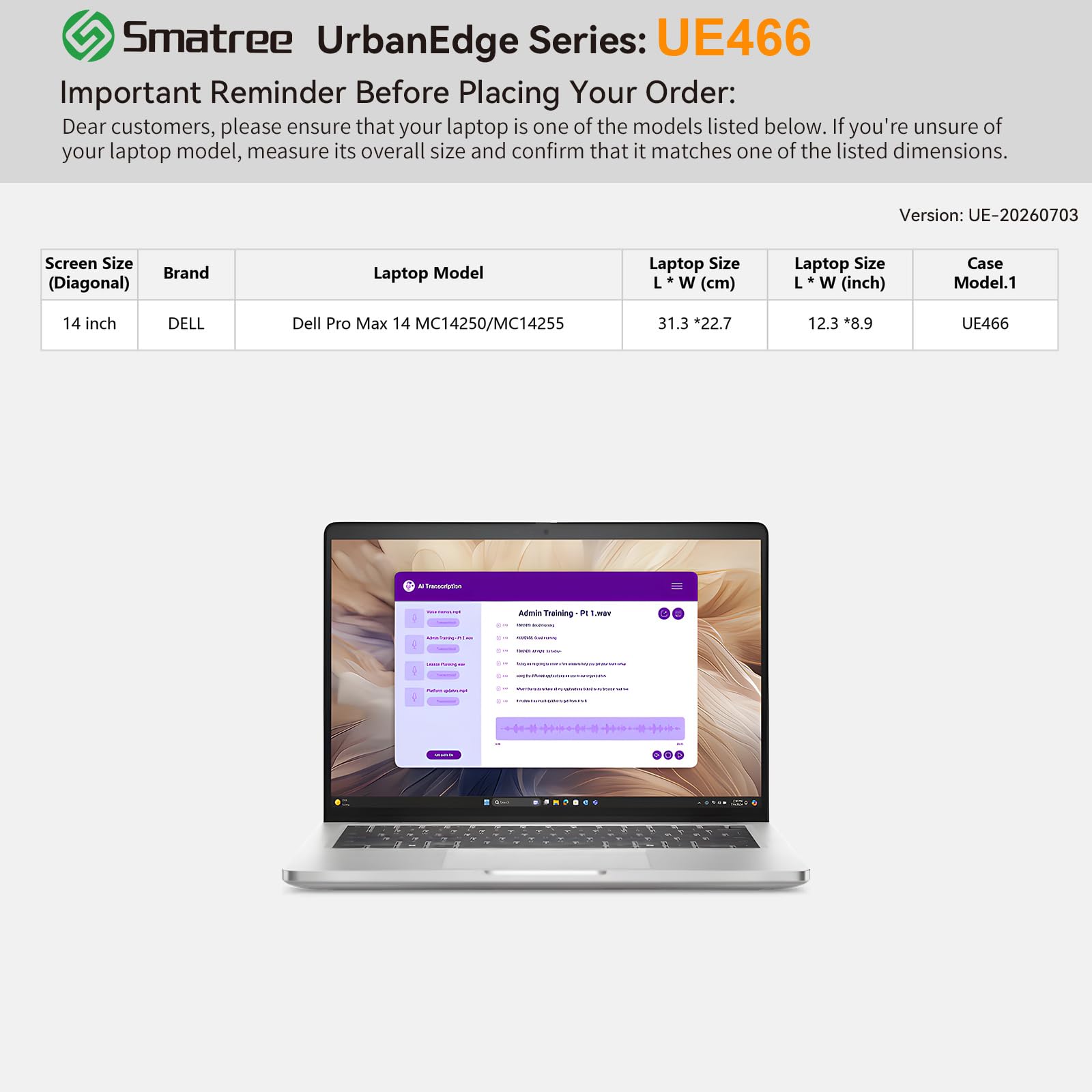 Smatree UrbanEdge Etui na laptopa do 14 cali DELL Pro Max 14 MC14250/MC14255,z kieszenią na akcesoria(UE466)