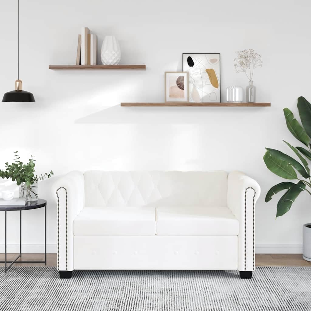 Sofá Chesterfield de 2 plazas, piel sintética, color blanco, con botones y tachuelas, diseño clásico, para sala de estar y oficina, 145,5 x 76 x 70 cm