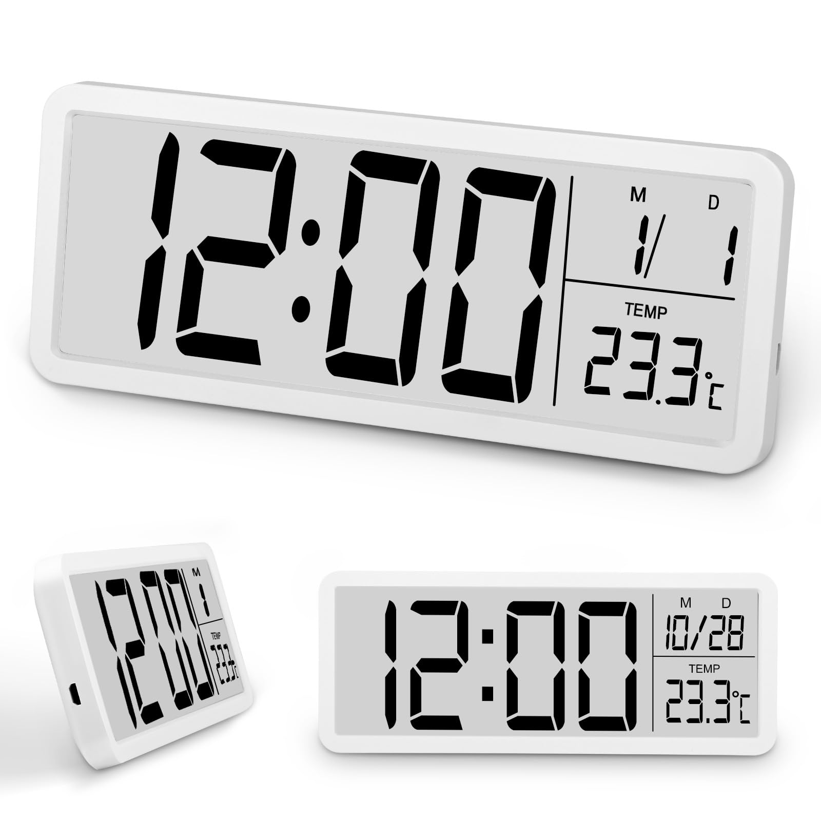 Reloj de Pared Digital, Reloj Digital con Números Grandes y 12/24 Horas, Reloj Escritorio LCD con Temperatura y Temperatura, Reloj de Mesa Doble para Dormitorio, Comedor, Oficina, Escuela(Blanco)