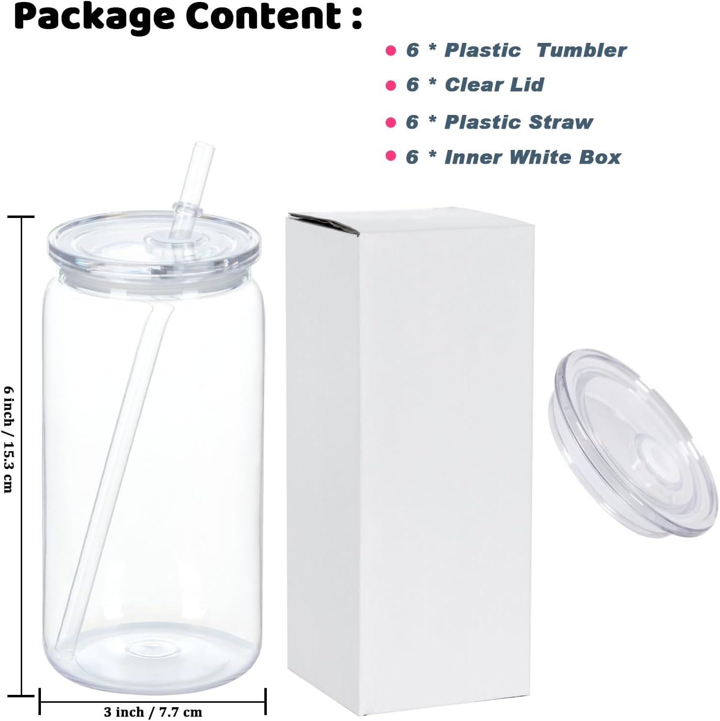 16 Oz Acrylic Plastic Can Tumbler, 6 Pack Plastic Clear Cup Beer Can, Plastic Mason Jar with Clear Lid - Image 7