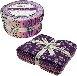 Fat Quarter & Jelly Roll Bundle Pack (Amethyst Garden) | Cotton Strips Bundles for Quilting - Jelly Rolls for Quilting Fabrics Quilters & Sewing Precuts Cloth for Quilts