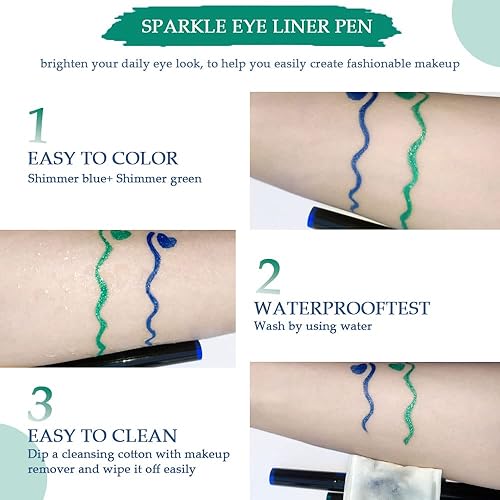 Miniatura 5 de evpct Juego de 2 lápices de maquillaje de sombra de ojos líquido con purpurina verde y azul real, brillo de ojos, máscara de pestañas falsas,