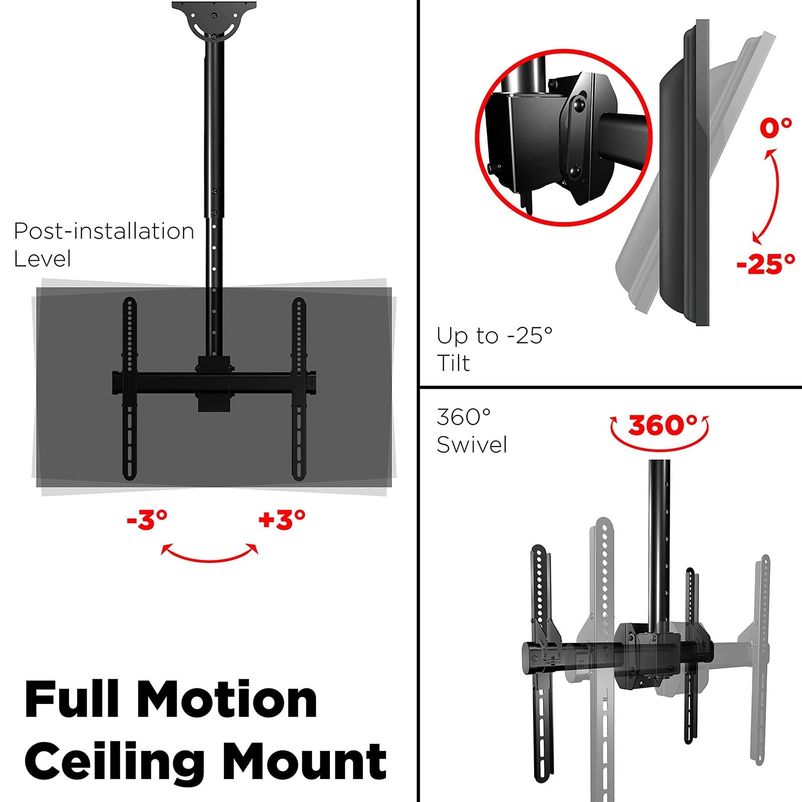 Supporto TV da soffitto con orientabile a 360° e asta regolabile per schermi piatti/curvi da 37 a 80 pollici, compatibile con VESA 600 x 400 mm, ideale per soffitti piatti e inclinati