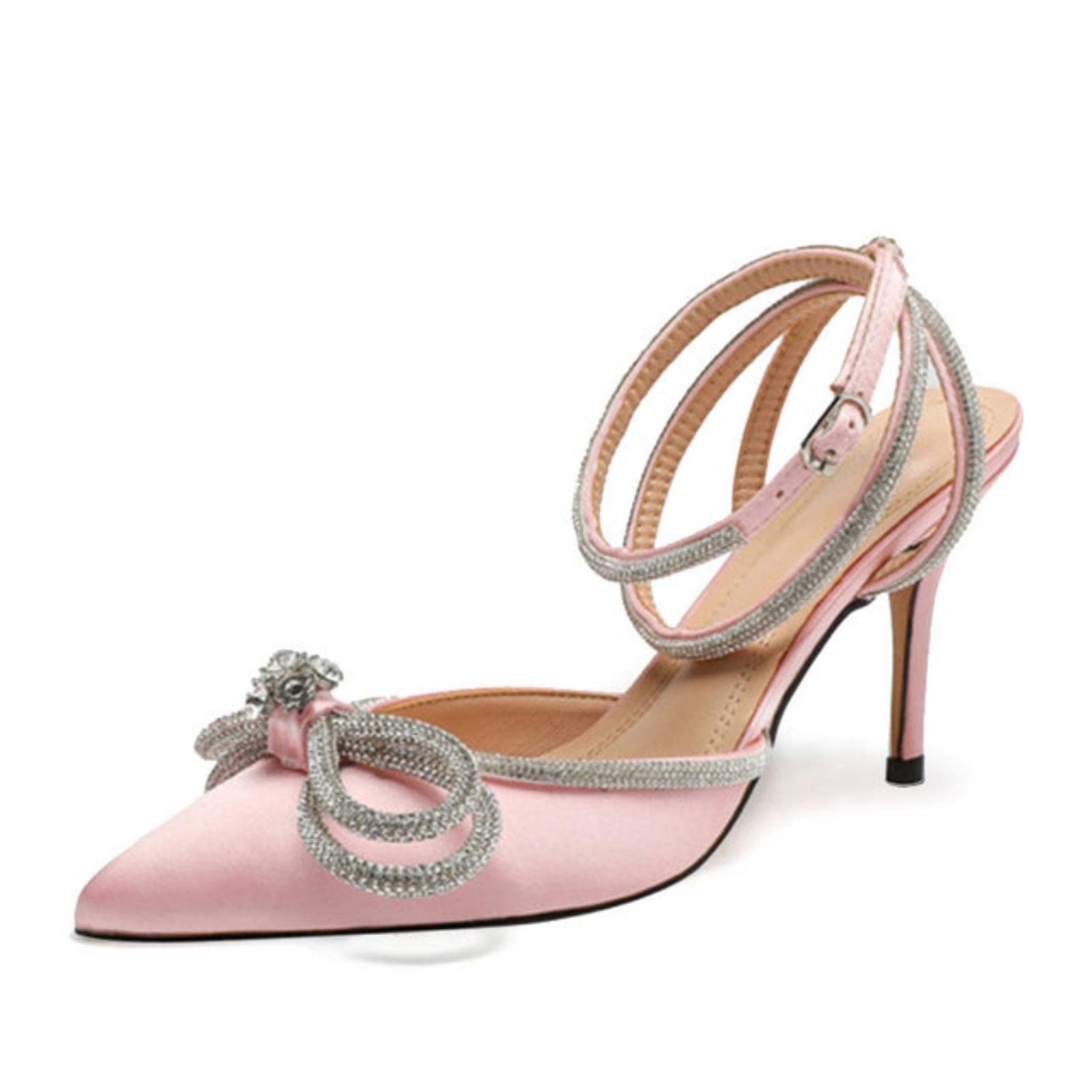 Heels Women Pumps Satin Heel Shoes Women Sandals Rhinestone Bow-Knot High Heeled Sandal Female-A98-6-Pink,42