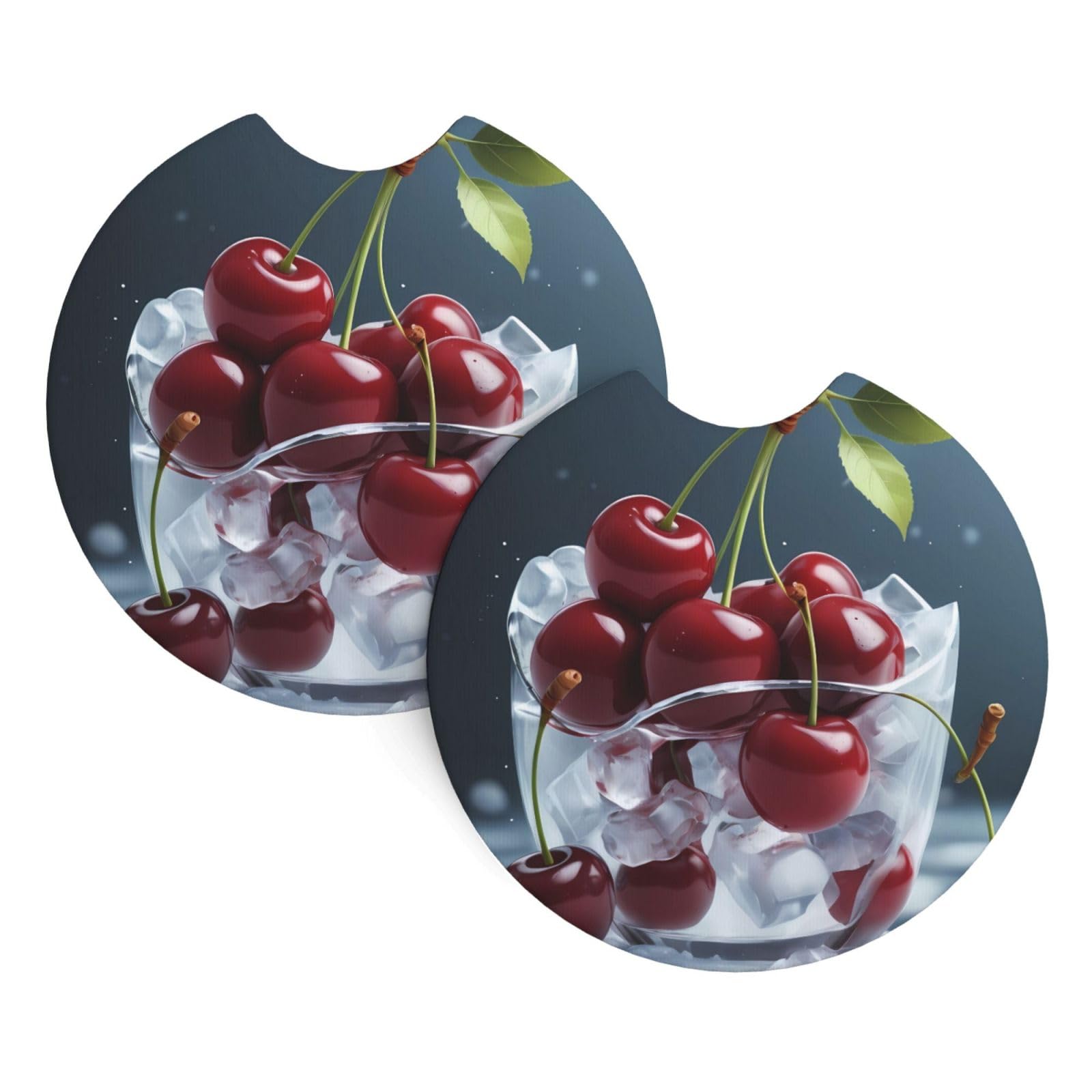 HJFCZH Cherry in Ice Printed Car Coaster Set of 2 - Waterproof Rubber Cup Holder Protectors for Cars, Trucks & SUVs