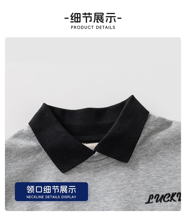 Kids Boy Autumn Long Sleeve Polo Neck Toddler Sweatshirt Contrast Collar Cuff Hem Fake Two - Piece Pullover3
