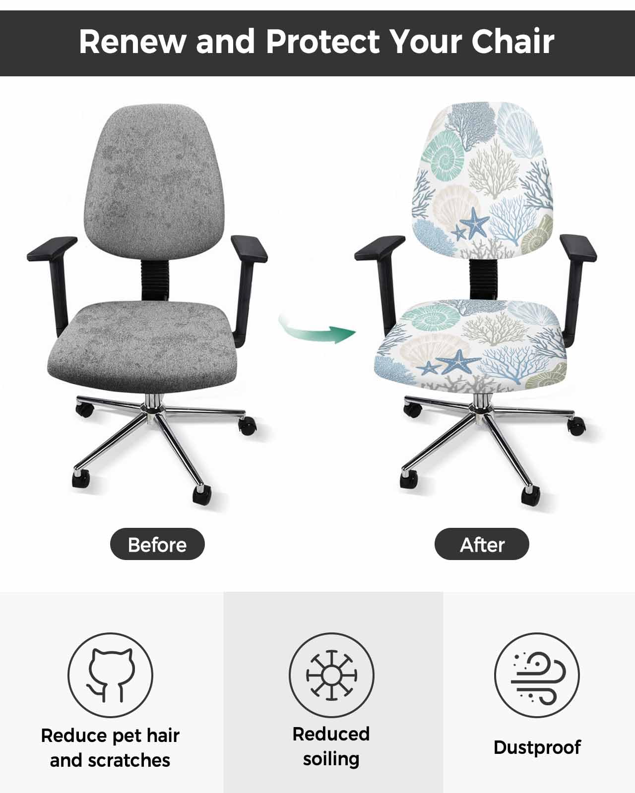 Coastal Coral 2 Pieces Computer Office Chair Covers Set,Stretchable Desk Rotating Chair Seat Cushion Slipcover Back Covers,Simple Nautical Starfish Conch Seashells Slipcover Back Cover Protector Cover