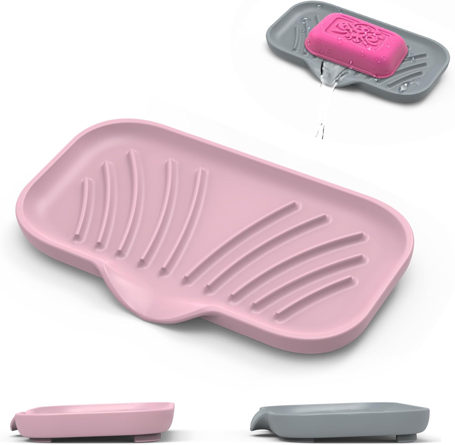 2 Pack Soap Holder with Drain - Self Draining Waterfall Soap Dish & Sponge Holder for Kitchen Sink Organizer, Non-Slip Dish Soap Tray for Dispenser Bottle, Gray Pink, 6x3.4 Inches