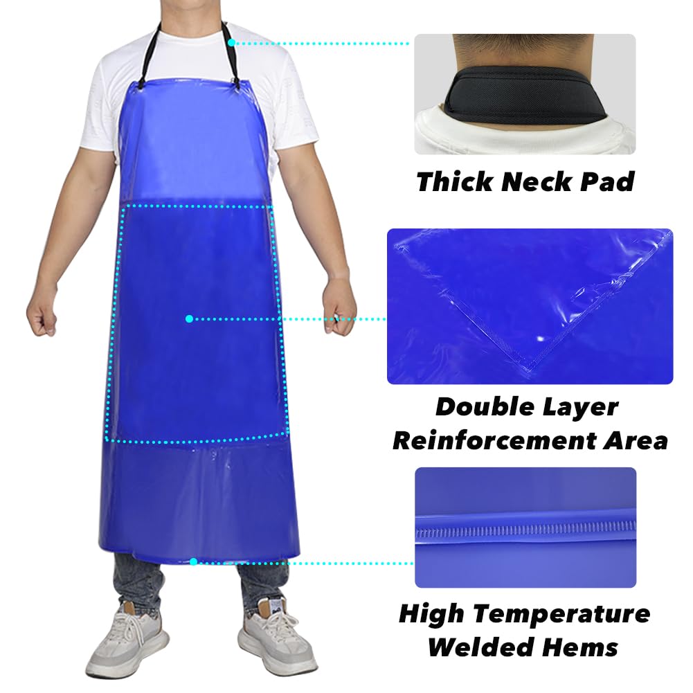Delantal de trabajo de vinilo de goma impermeable, 42.5 x 33.8 pulgadas, tamaño grande, doble reforzado, resistente a los químicos, PVC, azul