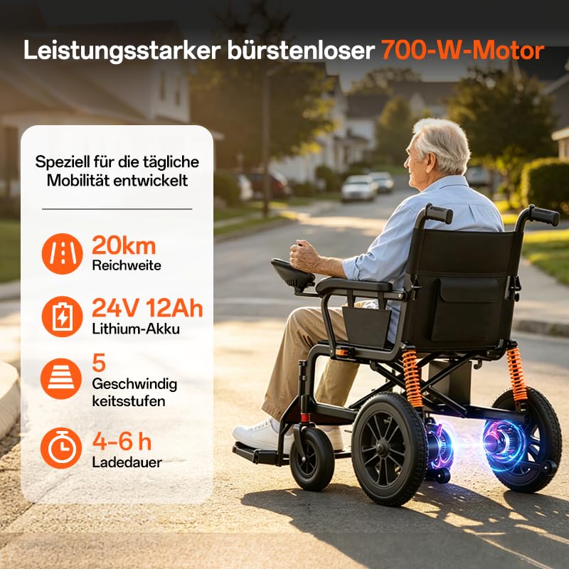 Rollstuhl Elektrisch Faltbar 700W mit Stoßdämpfung, Elektrischer Rollstuhl