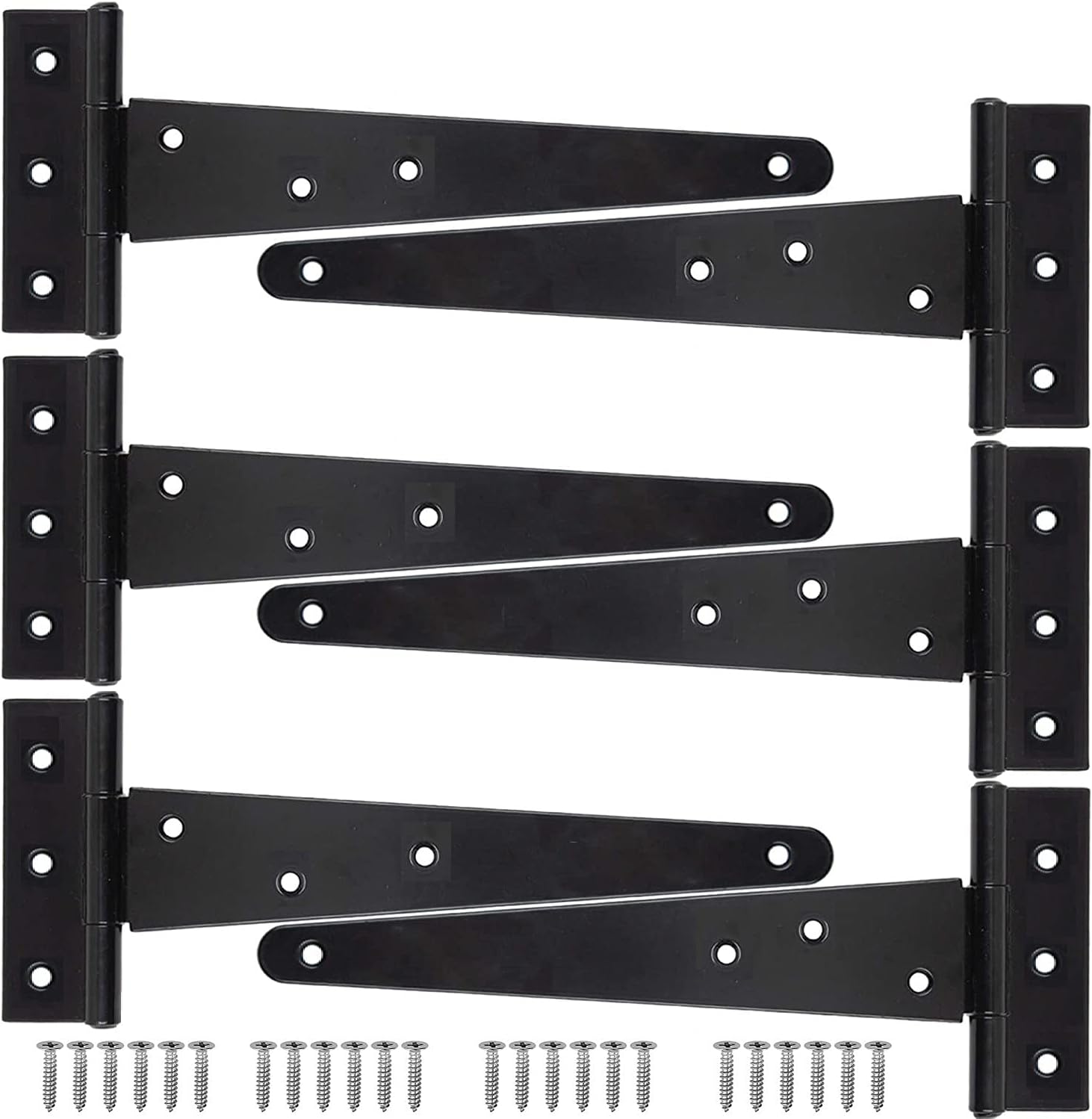 KAHEIGN 6Pcs Tee Shed Hinge, 25CM Heavy-Duty Metal Iron T-Hinge Garden Gates Hinges Rustproof T-Strap Hinges for Shed Doors Barn Doors - with 42Pcs Screws (Black)