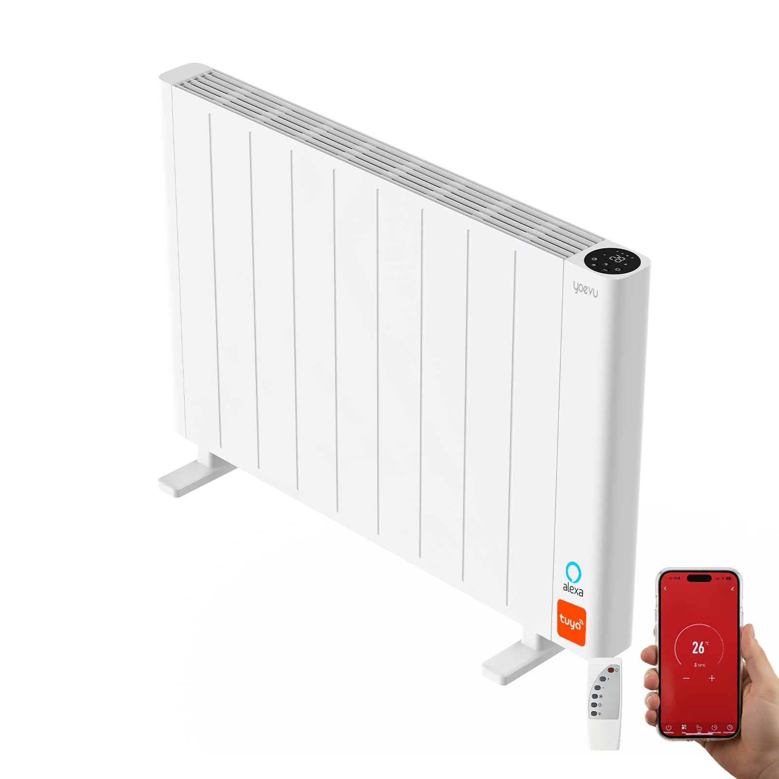 YOEVU | Radiador eléctrico bajo consumo | 2000W | 3 modos | Tecnología TRIAC, Compatible con Alexa, control WiFi y app, pantalla digital, temporizador, montaje suelo o pared, blanco