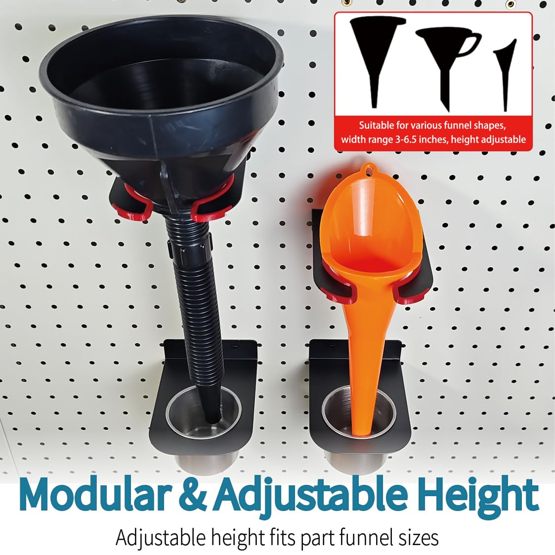 Soporte de embudo de aceite de metal para almacenamiento, altura ajustable en la pared con taza de goteo desmontable, ahorro de espacio para garaje, remolque, cobertizo de herramientas, taller