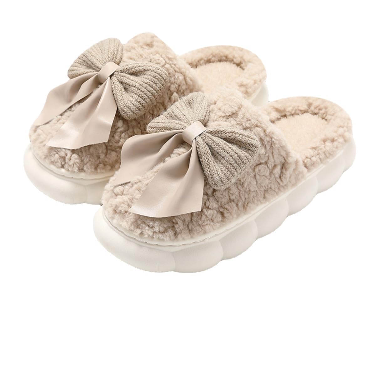 pzq Fuzzy Bow Tie Slippers for Women Closed Back Fluffy House Shoes Winter Indoor Outdoor Slippers