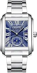 Aroncent Mens Waterproof Square Watch: Stainless Steel Quartz Analog Watch with Date Roman Numerals Independent Second Dial - Casual and Business Silver Wrist Watch