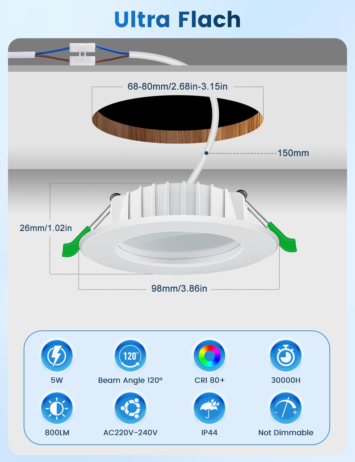 Faretti LED da Incasso per Cartongesso Luce Freddo 6500K,5W 800LM Luci da Soffitto Interno Ultra Piatti 230V IP44 Bagno – Classe Energetica B, Foro Ø68-80mm, Non Dimmerabili, Set di 12