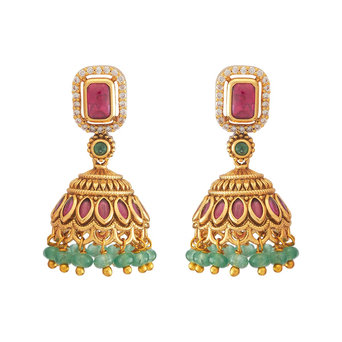 Fashion Jewellery Ruby-Green Gold Polished Antique Push Back Jhumkas, earring for Women, Best for Bridesmaids - 434128-image-20