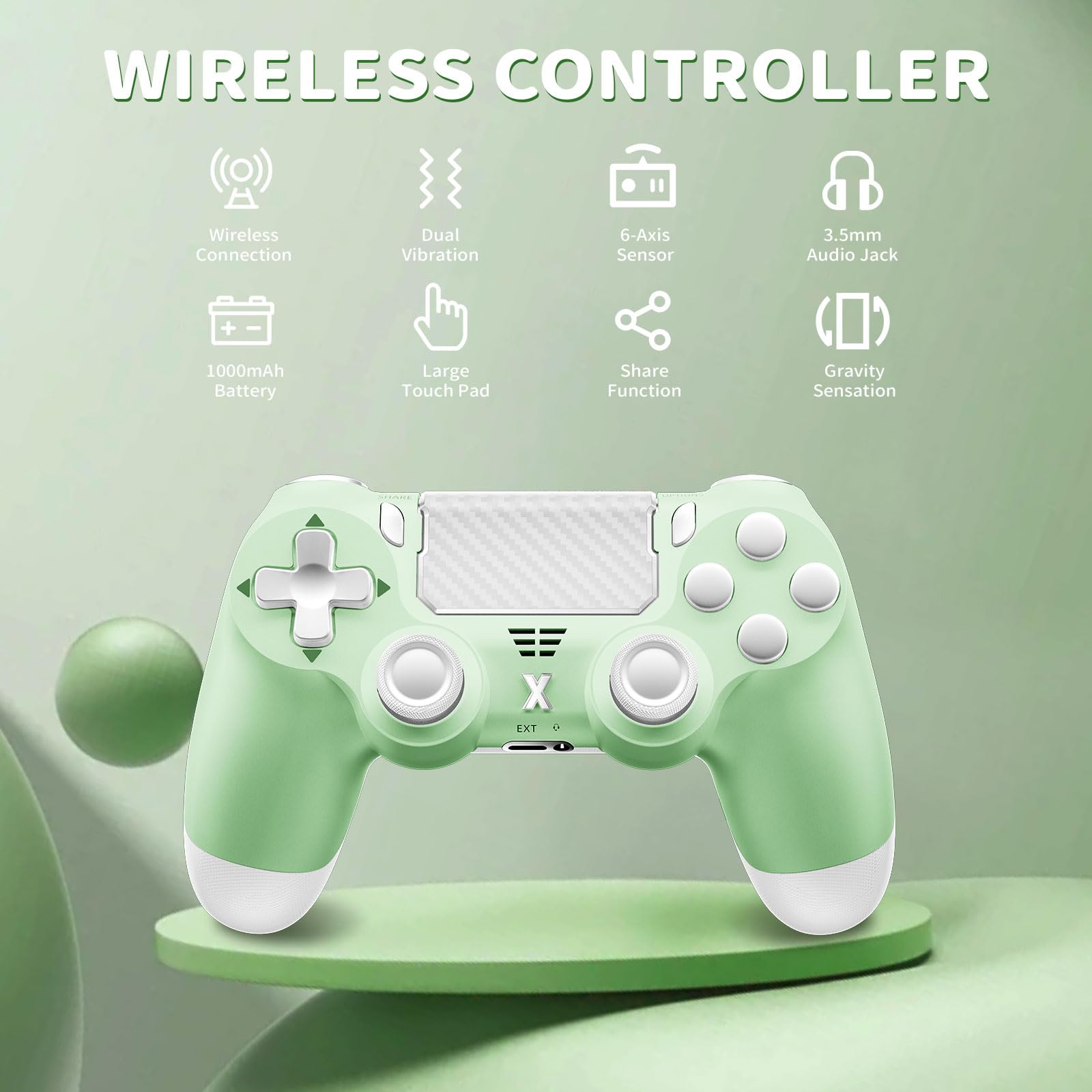 Suoxiom Wireless Controller for PS4, Game Controller for P4/Slim/Pro/PC, Bluetooth Gamepad Joystick with Vibration Touch Panel, Upgraded Six-Axis Sensor, 3.5mm Audio Jack (Light Green) - 2