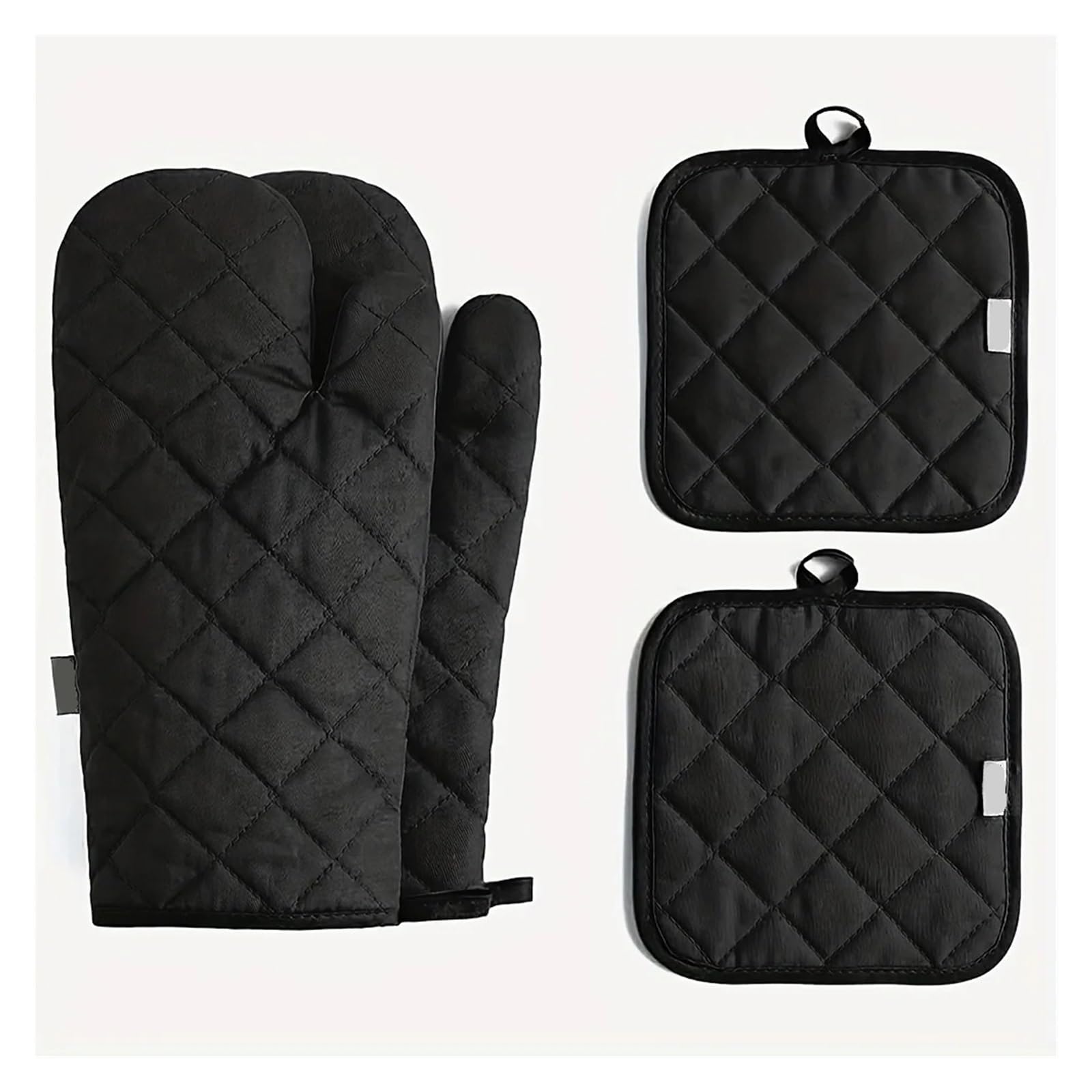 Set di guanti e presine resistenti al calore, da forno spessi, tappetino isolante, 33 cm(Black)